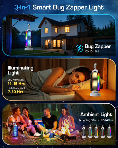 (2 Pack) Bug Zapper Outdoor with Marquee Light, Cordless Mosquito Zapper, 4000mAh Rechargeable Bug Zapper Indoor, Auto On/Off Waterproof Mosquito Trap Fly Zapper for Patio Backyard Kitchen Camping