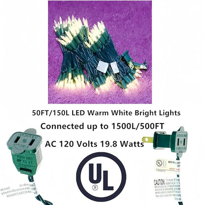 LUCKY SHINE 150 LED Warm White Christmas Lights, UL Certified 50 FT Green Wire String Lights, for Indoor and Outdoor Party, Garden, Patio, Wall, Trees.