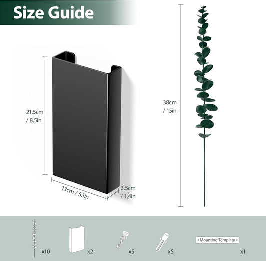 2 Pack Metal Wall Planter Vases Decor with Artificial Eucalyptus, Modern Farmhouse Rustic Hanging Pocket Planters for Indoor Greenery and Flowers, Living Room Bedroom Kitchen Decoration, Black