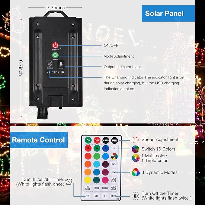 XEWEA Solar String Lights Outdoor, 16Colors 66LED 39Ft Waterproof Outdoor String Lights with 20Modes Remote for Garden Home Party Christmas Halloween Decorations