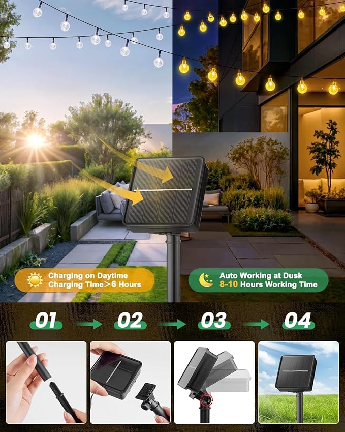 Solar String Lights Outdoor Waterproof, 2 Pack 60 LED 36.5 FT Each, Solar Powered Patio Lights with 8 Lighting Modes for Garden Yard Porch Wedding Party Decor (Warm White)