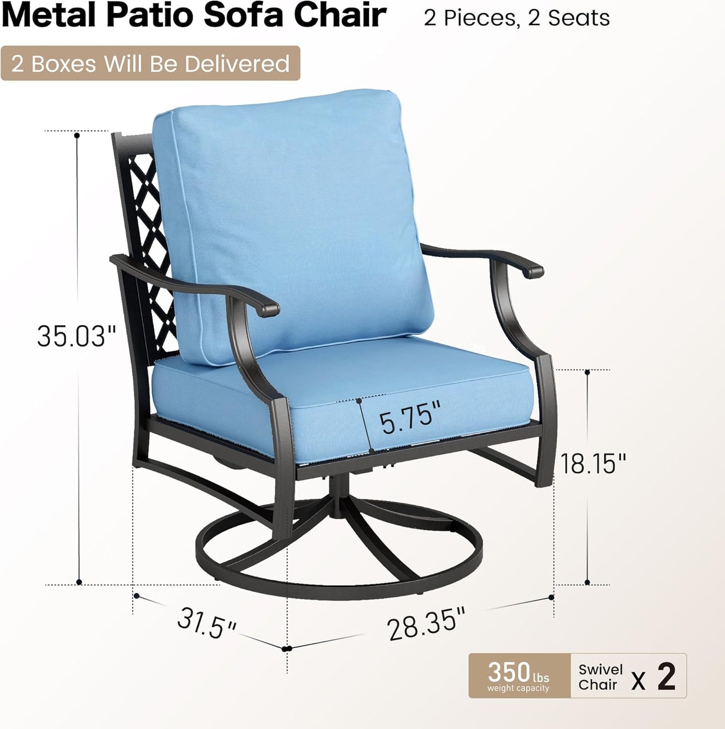 Metal Outdoor Swivel Patio Chairs Set of 2 with 5.75" Extra Thick Cushion, 2 Piece High Back Swivel Rocker Patio Chairs Outdoor Furniture Seating for Deck Balcony Front Porch, Blue