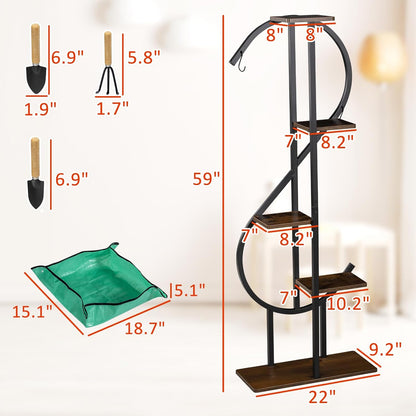 5-Tier Indoor Plant Stand, S-Shaped Corner Plant Stand with hanging Hooks & Gardening Tools, Aesthetic Tall Plants Shelf for Multiple Plants Flower Pot, Outdoor Plant Holder in Patio Balcony