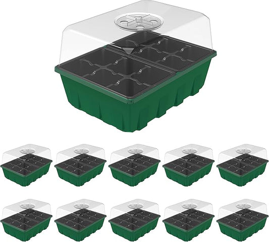 Gardzen 10-Set Garden Propagator Set, Black Seed Tray Kits with 120-Cell, Seed Starter Trays with Dome and Green Base 6.6" x 4.5" (12-Cell Per Tray)
