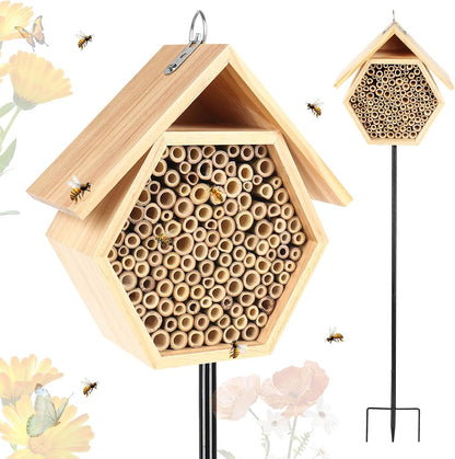 Mason Bee House for Garden, Natural Wooden Bee Habitat with Metal Ground Stake, Attracts Pollinators, Improve Garden Productivity, Outdoor Decoration