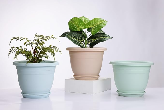 5 Packs 10 inch Plant Pots + Saucer, Planters for Indoor & Outdoor Plants with Drainage Holes | Plastic Flower Pots, Large Planter (Colorful, 10 inch)