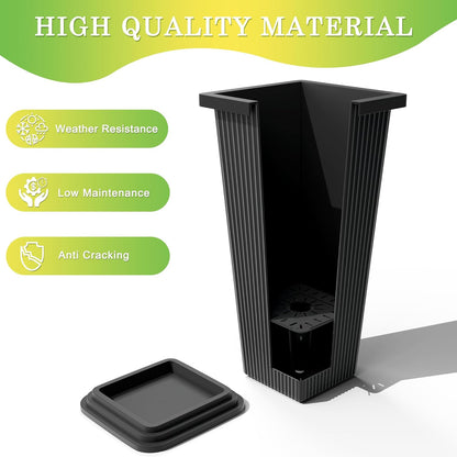 Set of 2 Large Tall Planter for Indoor or Outdoor 24" Flower Pots Tapered Tall Planters with Tray for Porch, Patio, Backyard, Large Planters for Outdoor Indoor Plants(Black,Striped)
