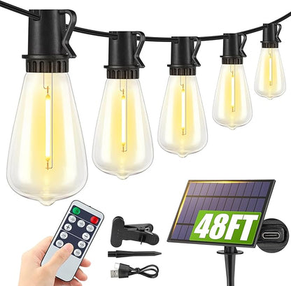 48FT Solar String Lights Outdoor with Remote, Waterproof Dimmable Patio Lights with 15+1 LED ST38 Bulbs 3 Modes Hanging Lighting for Backyard
