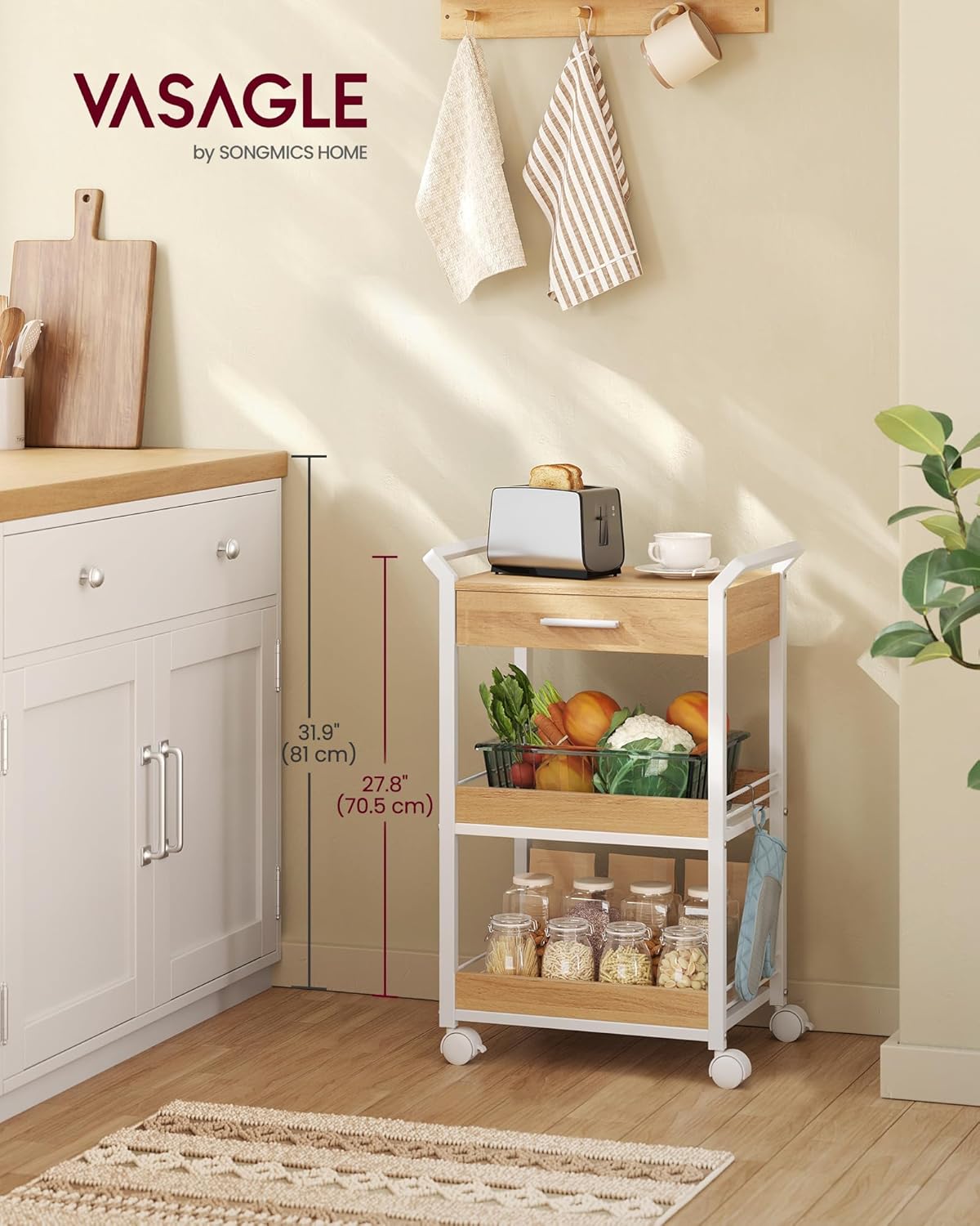 VASAGLE Storage Cart, 3-Tier Rolling Utility Cart with Table Top, Handles, 4 Lockable Casters, Top Drawer, Mesh Shelves, for Kitchen, Bathroom, Bedroom, Golden Oak and Cloud White ULRC048N01