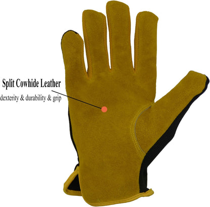 HANDLANDY Leather Work Gloves for Men & Women, Reinforced Durable Garden Gloves, Cowhide Working Glove for Gardening