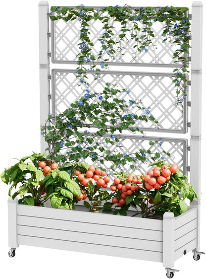 Elevated Raised Garden Bed with Trellis,Outdoor Large Resin Patio Planter Box Stand Divisible with Drain Plug,Water Monitor for Plants Vegetables Flowers Fruits (Ashen, 43.43 * 18.27 * 64.29)