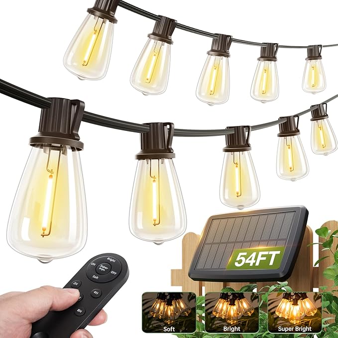 addlon 54(48+6) FT Solar String Lights Waterproof,Patio Lights Solar Powered with Remote & USB Port 15+1 LED Shatterproof Bulbs 3 Light Modes, Dimmable Solar Light for Camping Backyard Garden