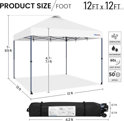 Yaheetech 12x12 Pop-up Canopy Tent w/ 2 Integrated Wheels for Mobility, Waterpoof & Heavy Duty, Instant Sun Shelter with Carry Bag, Weight Bags for Outdoor Camping Beach Patio Parties, White