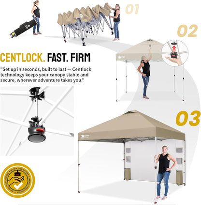 CROWN SHADES Canopy Tent 10x10 Pop Up Canopy Outdoor Shade with Pockets Sidewall, Easy Up Sun Shelter with One Person Set Up Center Lock, Portable Instant Camping Beach Canopy Tents, Beige