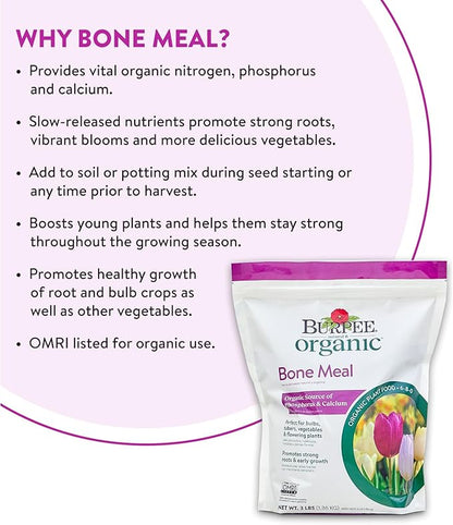 Burpee Bone Meal Fertilizer | Add to Potting Soil | Strong Root Development | OMRI Listed for Organic Gardening | for Tomatoes, Peppers, and Bulbs, 1-Pack, 3 lb (1 Pack)