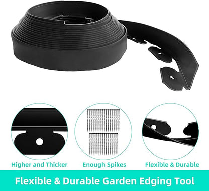 Landscape Edging Coil 33 FT, 2 Inch Tall Garden Edging Border Flexible Lawn Edging Kit with 30 Spikes, Plastic Edging for Landscaping Flower Beds Yard Pathway Paver Edging (2IN x 33FT, Black)