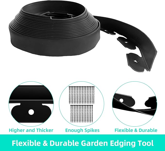 Landscape Edging Coil 66 FT, 2 Inch Tall Garden Edging Border Flexible Lawn Edging Kit with 60 Spikes, Plastic Edging for Landscaping Flower Beds Yard Pathway Paver Edging (2IN x 66FT, Black)
