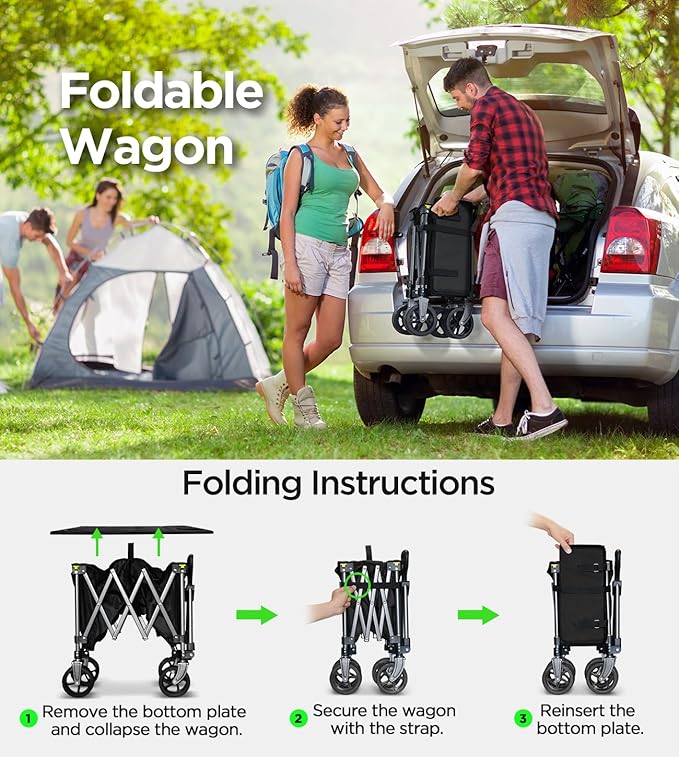 Beach Wagon,Collapsible Wagon 220lbs with Big Wheels FoldableWagon Carts,Portable Utility for Garden Grocery Sports Camping All Terrain-Black