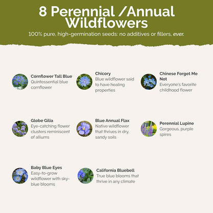 Eden Brothers Singin the Blues Wildflower Mixed Seeds for Planting, 5 lb, 2,400,000+ Seeds with Blue Flax, Lupine, Chicory, Attracts Pollinators, Plant in Spring or Fall, Zones 3, 4, 5, 6, 7, 8, 9, 10