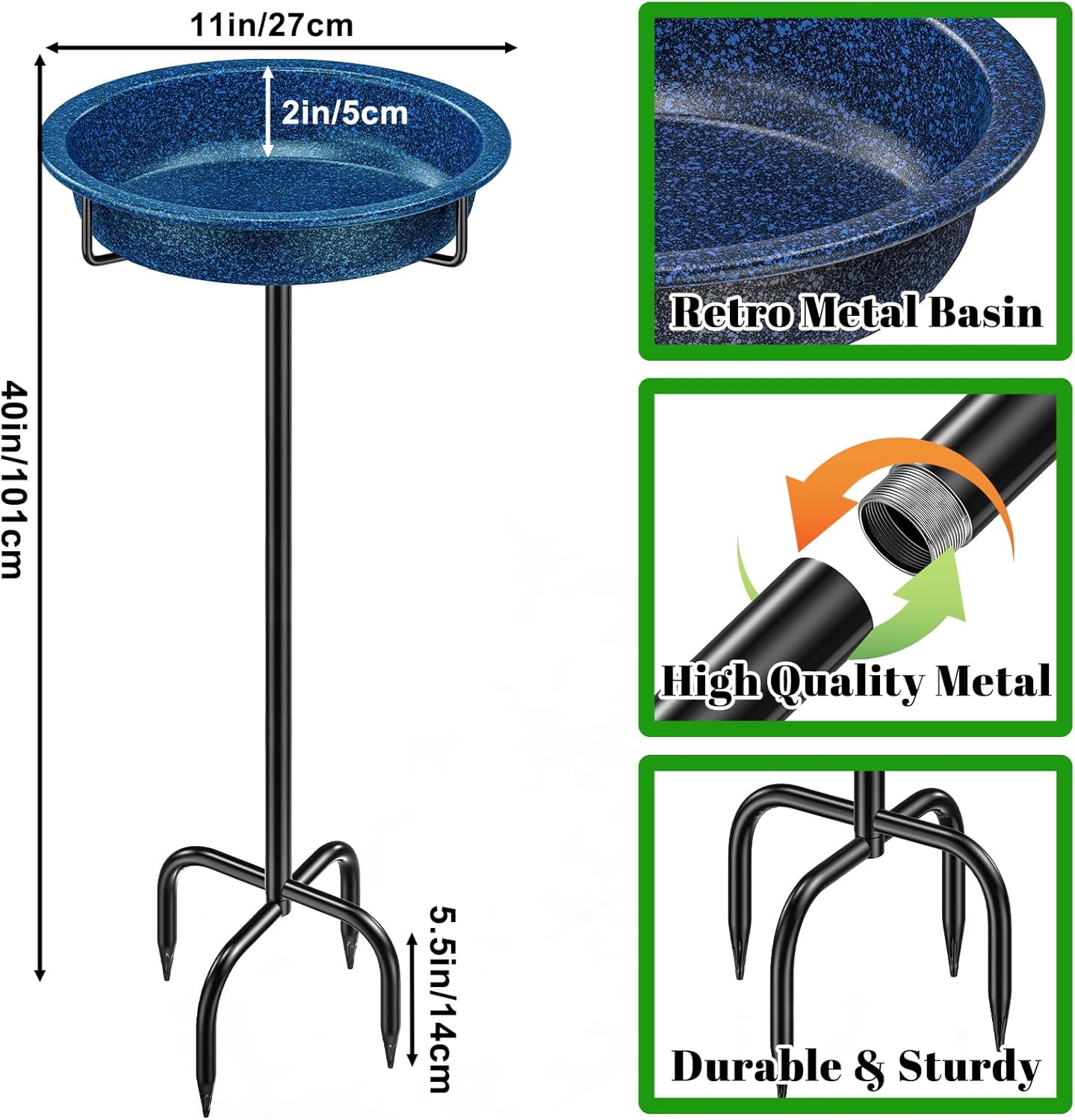 Freestanding Birdbaths Bowl for Outside, Standing Garden Bird Bath Feeder & Bird Bath Bowl, Detachable Decoration Spa Birdfeeder for Outdoor Garden Patio Yard Lawn (Blue)