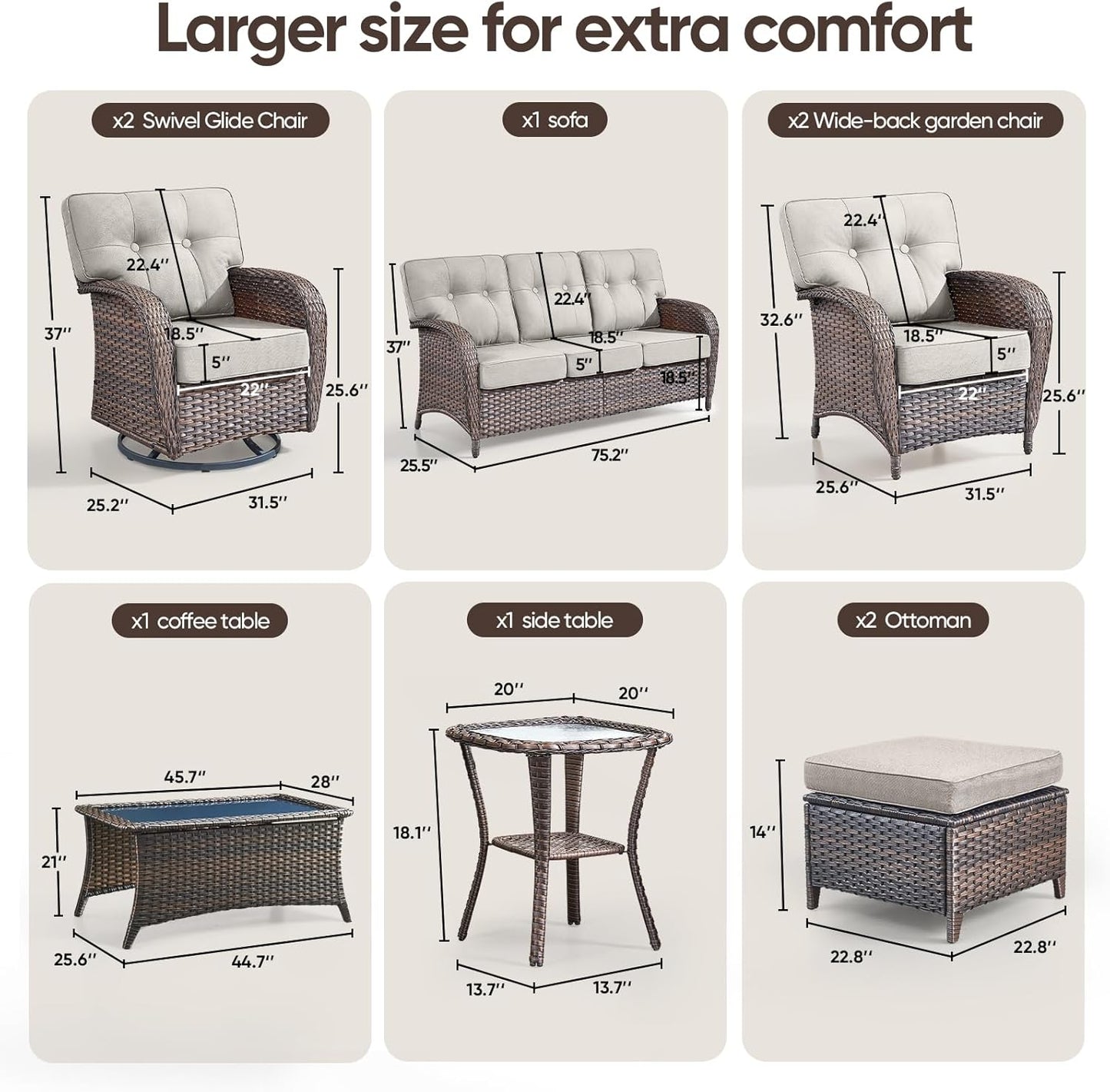 9-Piece Rotating Balcony Chair Set with 31-inch T-Shaped Wide backrest - Rattan Outdoor Rotating Balcony Chairs, Wide backrest Comfortable Outdoor Sliding Chair - Brown | Beige