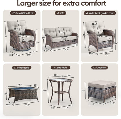 9-Piece Rotating Balcony Chair Set with 31-inch T-Shaped Wide backrest - Rattan Outdoor Rotating Balcony Chairs, Wide backrest Comfortable Outdoor Sliding Chair - Brown | Beige