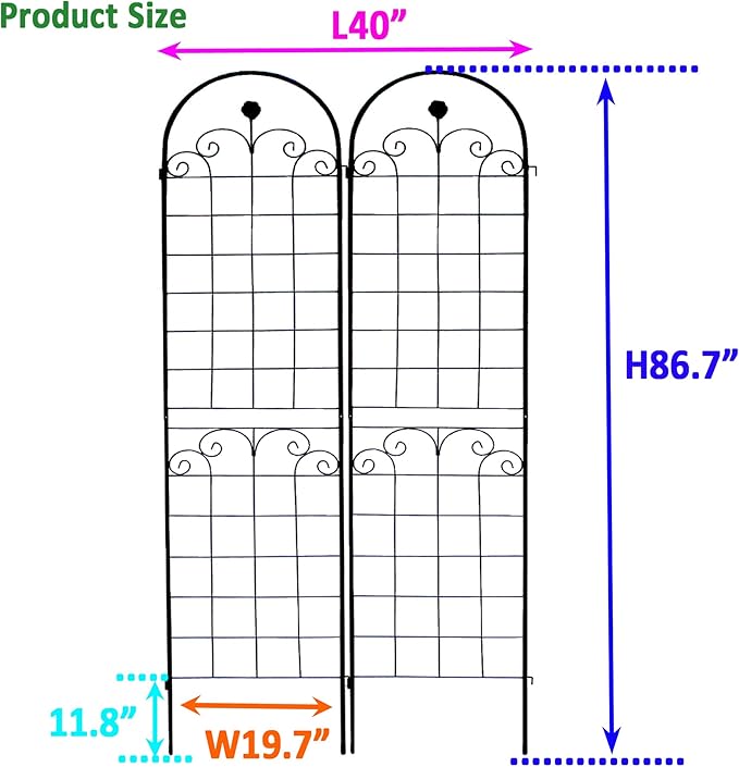 2 Pack Metal Garden Trellis 86.7" H Garden Fence Rustproof Trellis for Climbing Plants Support Roses Flower Outdoor Lawn Black