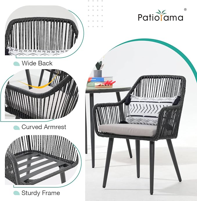 Patiorama 5-Piece Patio Dining Set, Outdoor Dining Table Chair Set, All-Weather Twisted Rattan Wicker Rope Conversation Set, Patio Furniture Set w/Umbrella Hole, 4 Cushioned Chairs&Glass Table(Black)