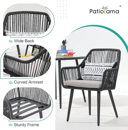 Patiorama 5-Piece Patio Dining Set, Outdoor Dining Table Chair Set, All-Weather Twisted Rattan Wicker Rope Conversation Set, Patio Furniture Set w/Umbrella Hole, 4 Cushioned Chairs&Glass Table(Black)