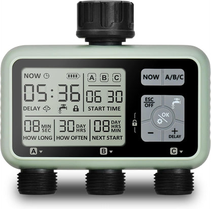 Watering Timer 3 Zone, Sprinkler Timer, Programmable Garden Outdoor Hose Faucet Timer with Rain Delay, Auto & Manual Watering System,Water Hose Irrigation Timers 3 Outlet for Garden