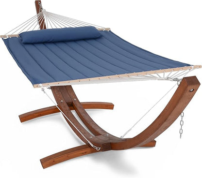 SUNCREAT Hammocks Double Hammock with 13.5 ft Wooden Stand Included, Outdoor Hammocks for Outside, 475 lbs Capacity, Blue