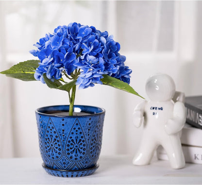 Gepege 6 Inch Beaded Ceramic Planter Set of 2 with Drainage Hole and Saucer for Plants, Indoor-Outdoor Large Round Succulent Orchid Flower Pot (Blue, for Inner-pots not Larger Than 5 Inch)