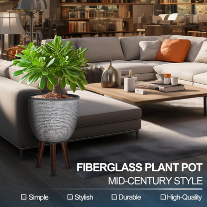 12 Inches Plant Pot with Stand, Large Decorative Standing Planters with Drainage Holes for Indoor Plants, Modern Gray Flower Pots with Legs