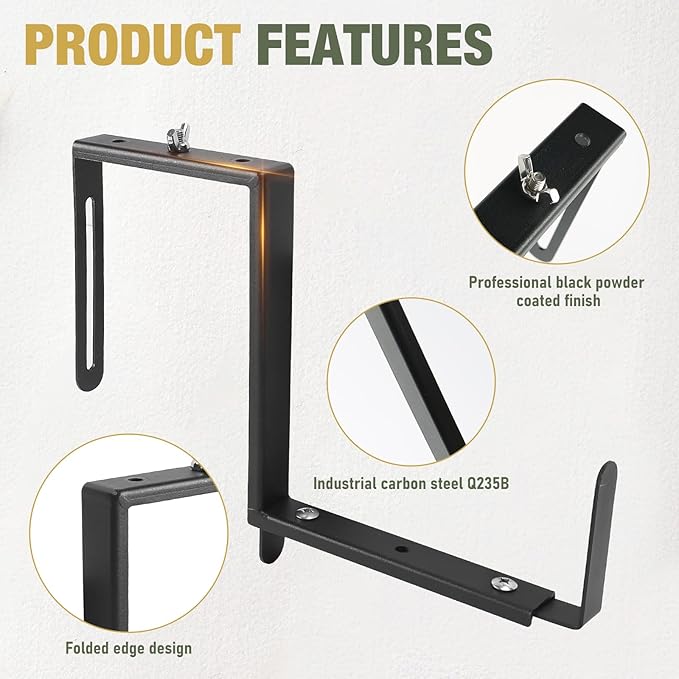 2-Pack Adjustable Planter Box Brackets, Heavy Duty Q235 Steel, Black, Universal Outdoor Hanging Brackets, Flower Box Brackets for Fence Railings, Windowsill, Patio, Garden, Balcony