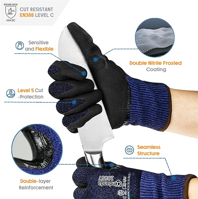 ANDANDA Level 5 Cut Resistant Gloves, 3D Comfort Stretch Fit, Double Frosted Nitrile Coated Work Gloves with Power Grip, Ideal Work Gloves for Handle Glass & Sharp Metal, Blue(XL),1Pair