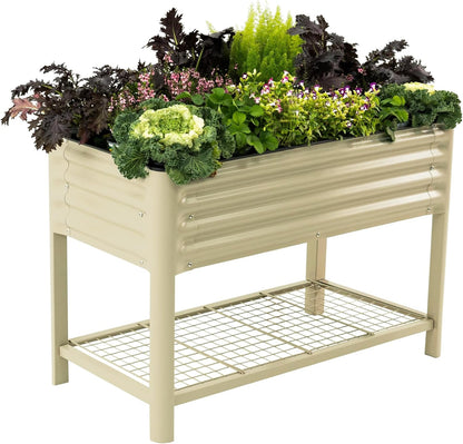 Elevated Raised Garden Bed-V Series, 2' x 4' Garden Beds with Legs & Storage Rack for Patio Porch, 700 Lbs Weight Capacity, Outdoor Planter Boxes for Gardening Herbs Vegetables Flowers, Pearl White
