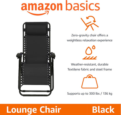 Amazon Basics Outdoor Patio Zero Gravity Lounge Chair with Pillow, Folding Reclining and Textilene Adjustable, Folding Lounge Lawn Chairs for Outside, 26", Black