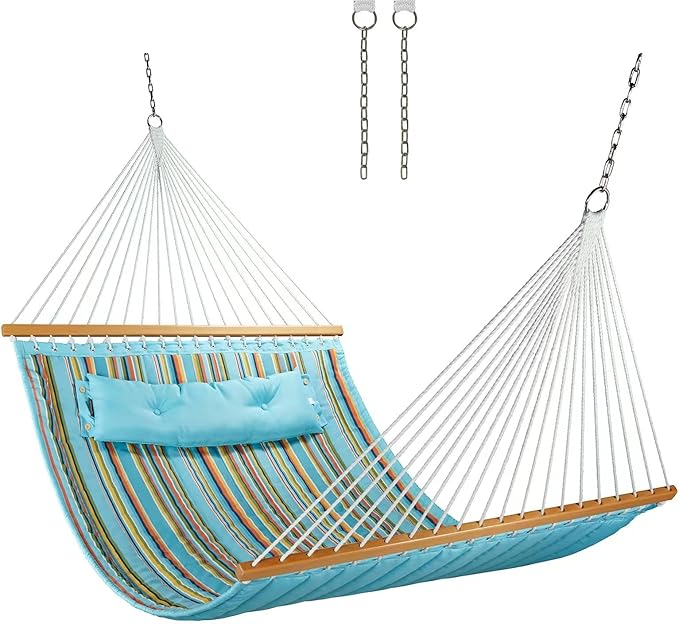 12 FT Double Quilted Fabric Hammock with Spreader Bars and Pillow 450 LBS Weight Capacity 2 Person Hammock for Outdoor Patio Backyard Poolside