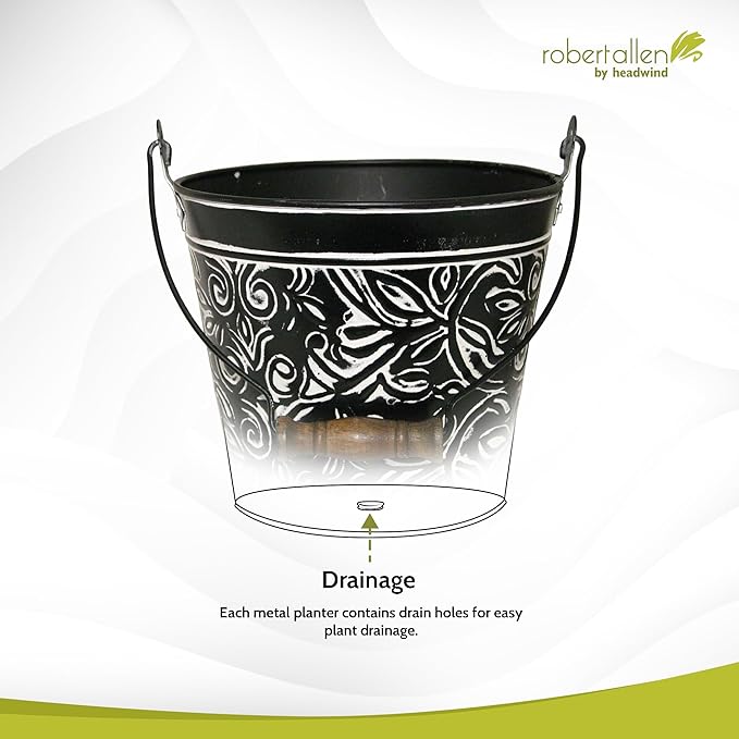 Headwind Robert Allen Vintage Floral Metal Planter with Handle, 12-Inch, Charcoal – Lightweight Indoor/Outdoor Flower Pot with Drainage Hole