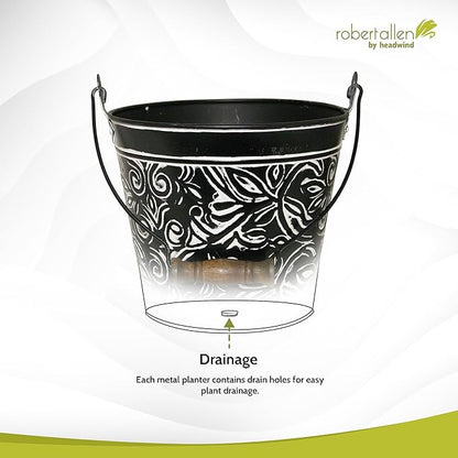 Headwind Robert Allen Vintage Floral Metal Planter with Handle, 12-Inch, Charcoal – Lightweight Indoor/Outdoor Flower Pot with Drainage Hole