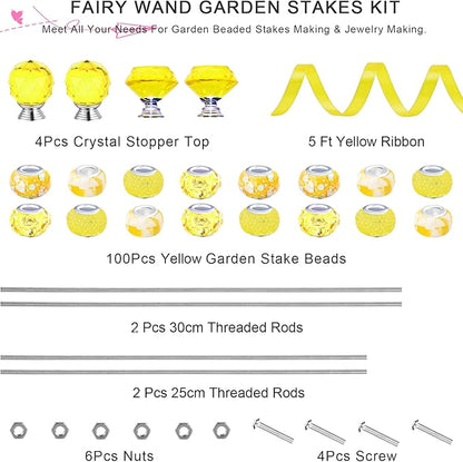 119 Pcs Garden Stake DIY Fairy Wand Plant Stake with Yellow Large Hole Beads Crystal Diamond Stopper Top 4 Stainless Steel Threaded Rod Beaded Garden Stakes for Outdoor Indoor Yard Patio Decorations