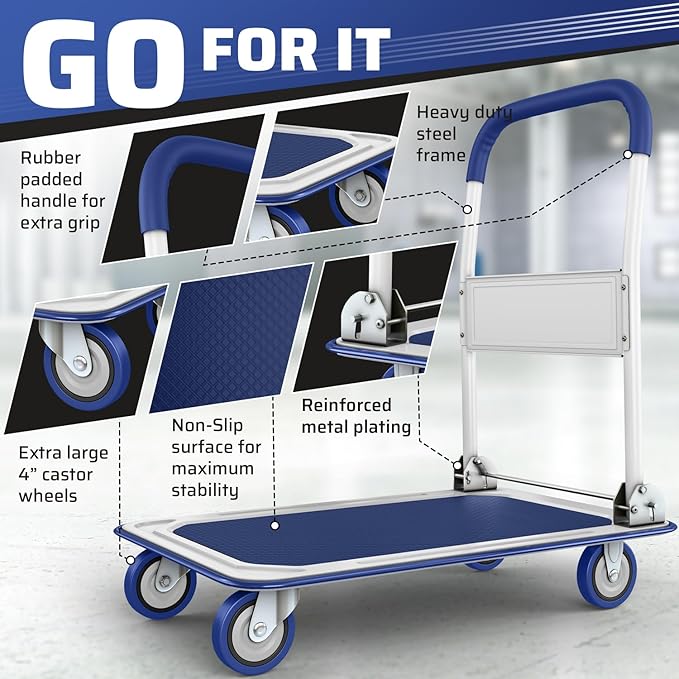 Heavy Duty Foldable Push Cart Dolly | 660 lbs. Capacity | Upgraded Collapsible Hand Truck Folding Platform with Swivel Wheels | Flat Bed Moving Wagon | Space Saving Push Handle (Blue)