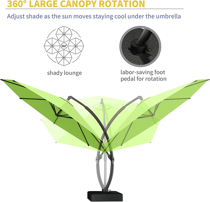 Kingdura 11ft Cantilever Patio Umbrella with Base Included, Large Round Offset Outdoor Pool Umbrella, 360° Rotation & Infinite Tilt, Heavy Duty Aluminum Frame for Deck Backyard, Apple Green