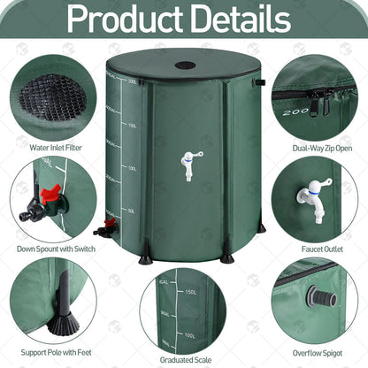 2Pcs 53 Gallon Collapsible Rain Barrel Kit with 12 Half Poles, 200L Protable Rain Water Collection Barrel with Zipper, 1000D Oxford Rain Catcher Barrel System Garden with 1 Spigot and 2 Overflow
