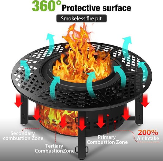 hykolity 40 inch Smokeless Fire Pit Surround Table, 3 in 1 Outdoor Fire Pit with Side Table& Grill.Fueled by Pellets or Wood.Outdoor Smokeless FirePit with Stove,for Patio, Backyard, Camping