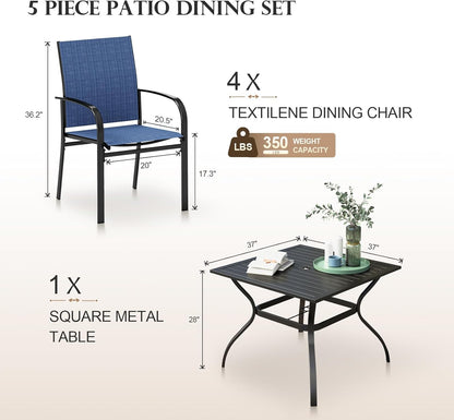HERA'S HOUSE 5 Pieces Patio Dining Set, Outdoor Table and Chairs Set for 4, 4 x Blue Textilene Dining Chair, 37" Square Metal Dining Table, for Lawn Garden Backyard Deck