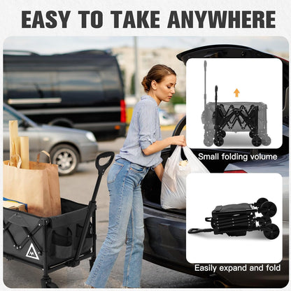 Wagon Cart Shopping Foldable Folding Collapsible with Wheels Big On Beach Garden Outdoor Grocery Heavy Duty Utility All Terrain Portable Wagons Carts for Groceries Sand Camping Sports Black