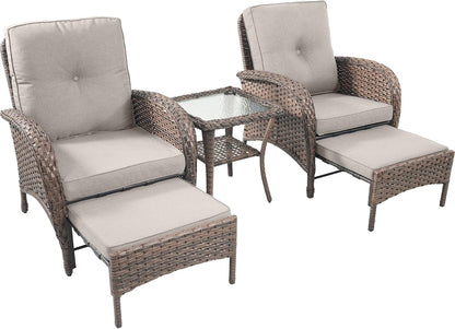 5 Piece Patio Furniture Set - Wicker Balcony Furniture Set with Hidden Ottomans, Rattan Outdoor Patio Chairs with Side Table for Porch Deck Poolside Garden Brown/Beige
