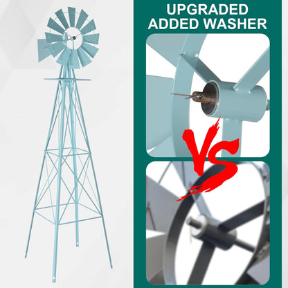 VINGLI 8FT Ornamental Windmill Backyard Garden Decoration Weather Vane, Heavy Duty Metal Wind Mill w/ 4 Legs Design,Light Blue