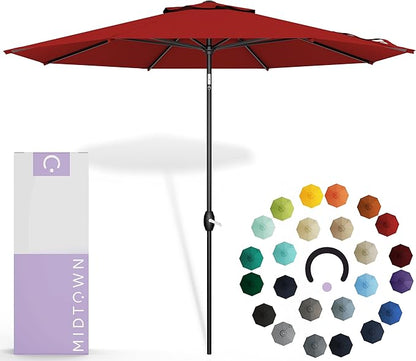 Midtown Umbrellas Sunbrella Umbrella 9 Feet Outdoor Umbrella With Red Acrylic Fabric - Auto-Tilt Aluminum Frame Patio Umbrella For Backyard, Deck, Garden, Pool - Black Pole